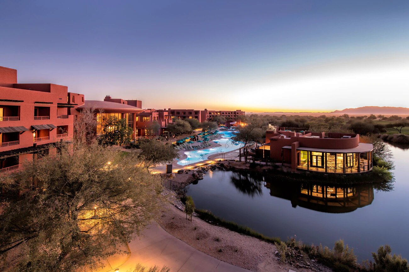 United States resort property at dusk — portfolio renovation reference imagery.