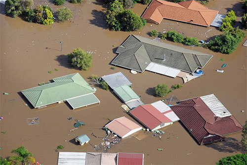 Aerial view of homes submerged by the 2011 Queensland floods.